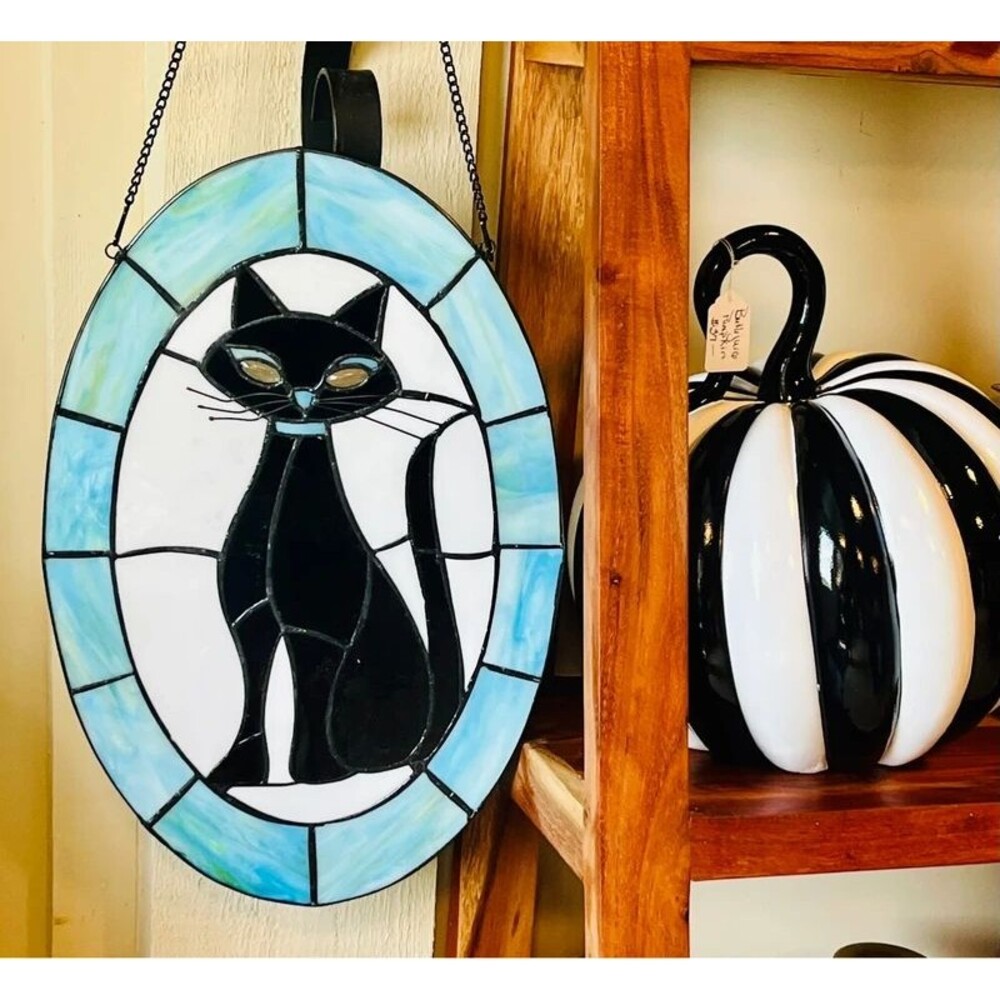 17” Black Cat Stained Glass Window Panel MCM Style